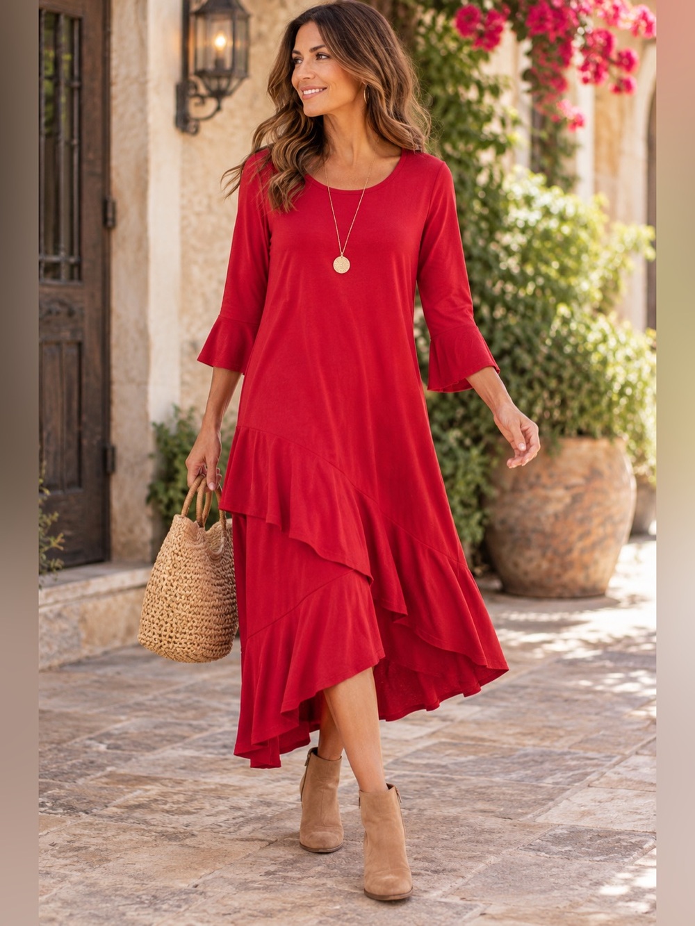 Soft Surroundings Lucia Flounce Dress Red Asymmetrical Hem Small